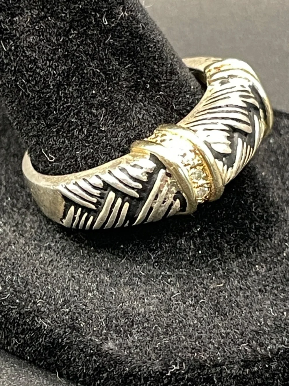 925 Sterling 14 K Gold Diamond Accented Textured Designer Ring Size 9